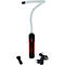 Een flexibele LED-lamp met rode en zwarte behuizing. Accessoires: autolader en voeding.